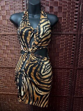 PrettyLittleThing | Black & Gold Zebra/ Tiger Cutout Halter Mini Dress | 6
